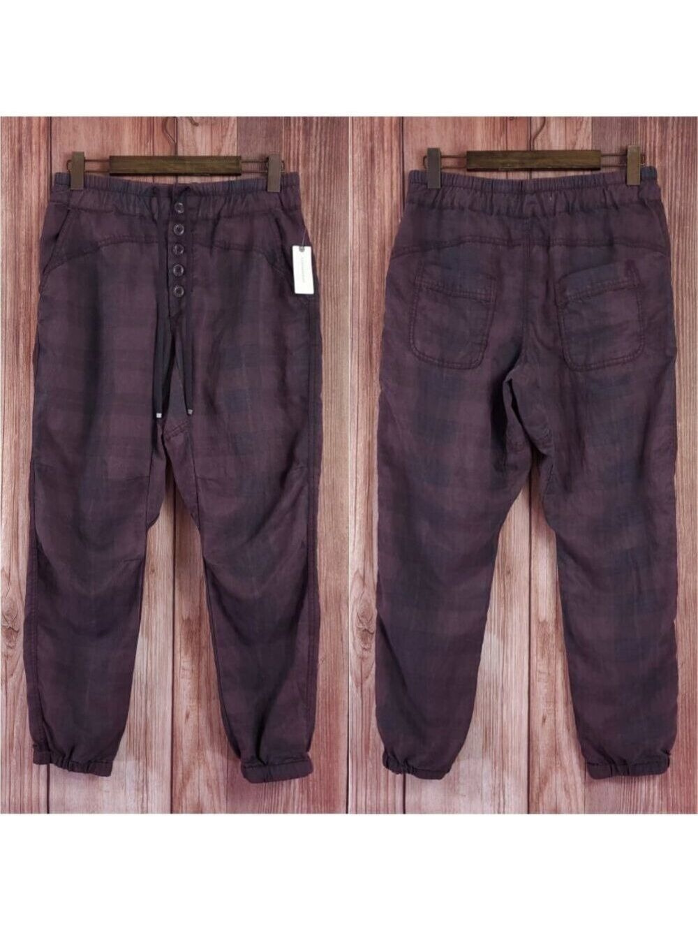 NWT Anthropologie Womens Size Small Jacquie Button Fly Joggers Pants Plaid Plum